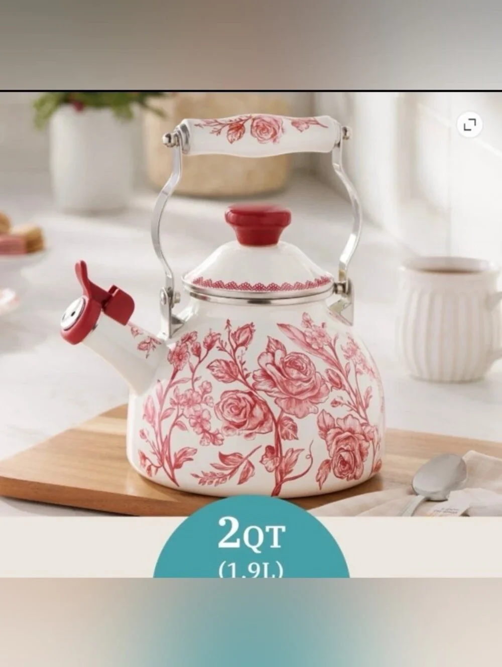 Pioneer Woman Agatha Red FloralTea Kettle with Red Rose Pattern